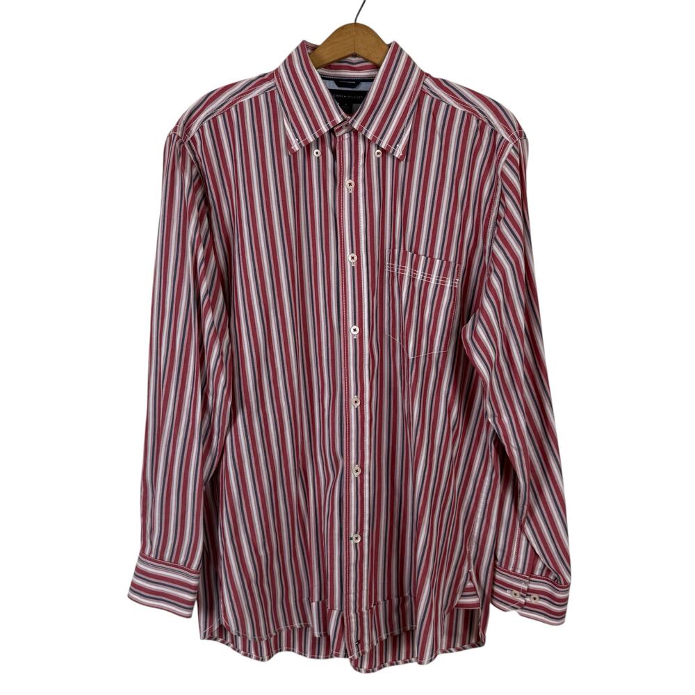 Tommy Hilfiger Men Striped Button Down Shirt Medium Preppy Classic Business